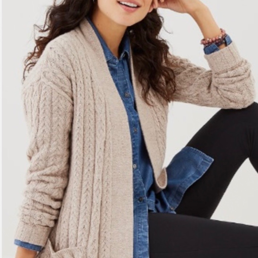 J Jill 2x taupe Tan Mid Length Open Cable Cotton/wool Cardigan w/Pockets Final $